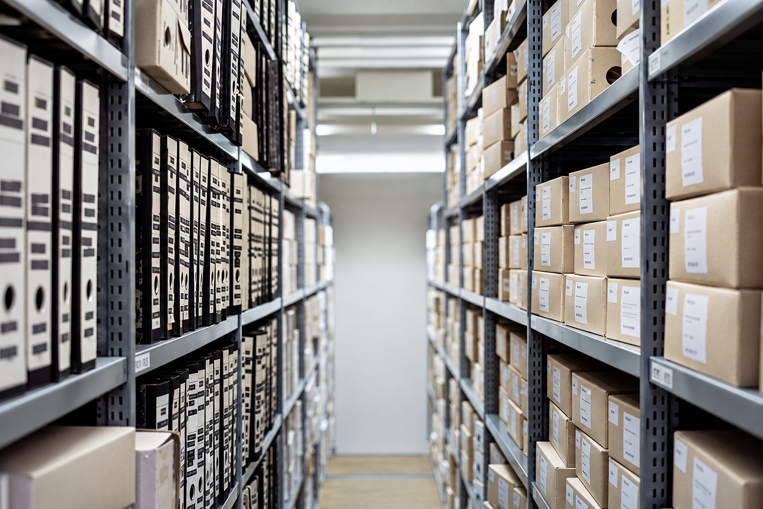 Une longue allée d’entrepôt d’archives bordée d’étagères métalliques remplies de classeurs noirs et blancs et de boîtes en carton étiquetées.
